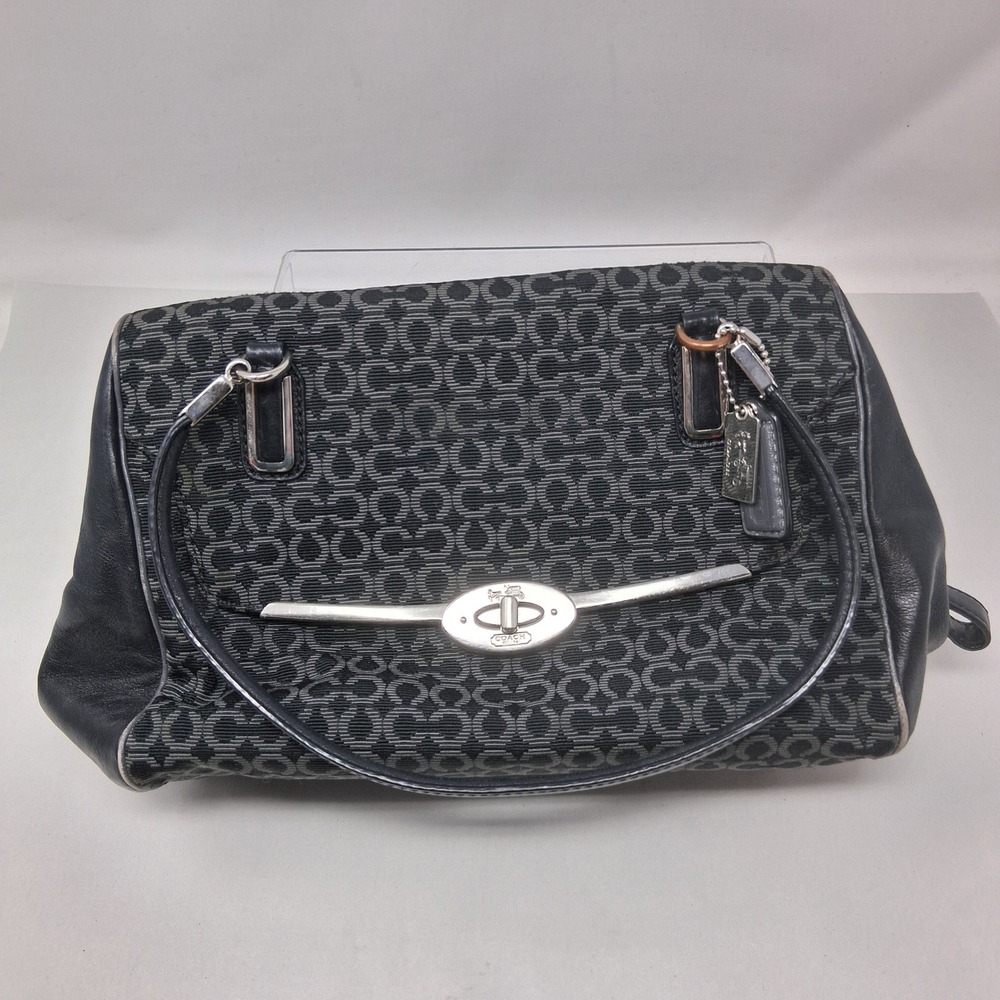 Coach Optic Signature C Black Grey Leather Shoulder Bag 25215 Turnlock Handbag